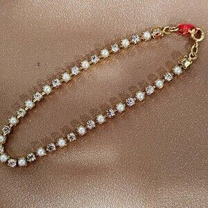 Avon Vintage Dainty Goldtone Pearl and White Rhinestone Tennis Bracelet 7"